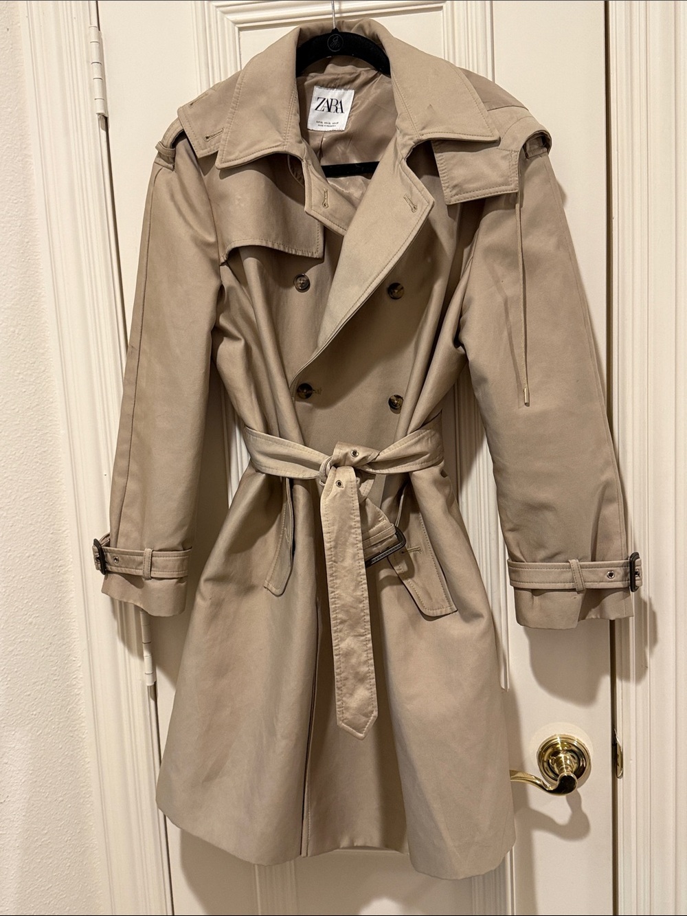 ZARA Beige Double-Breasted Trench Coat with Waist Tie